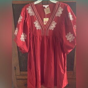 Entro Red Dress with White Embroidery